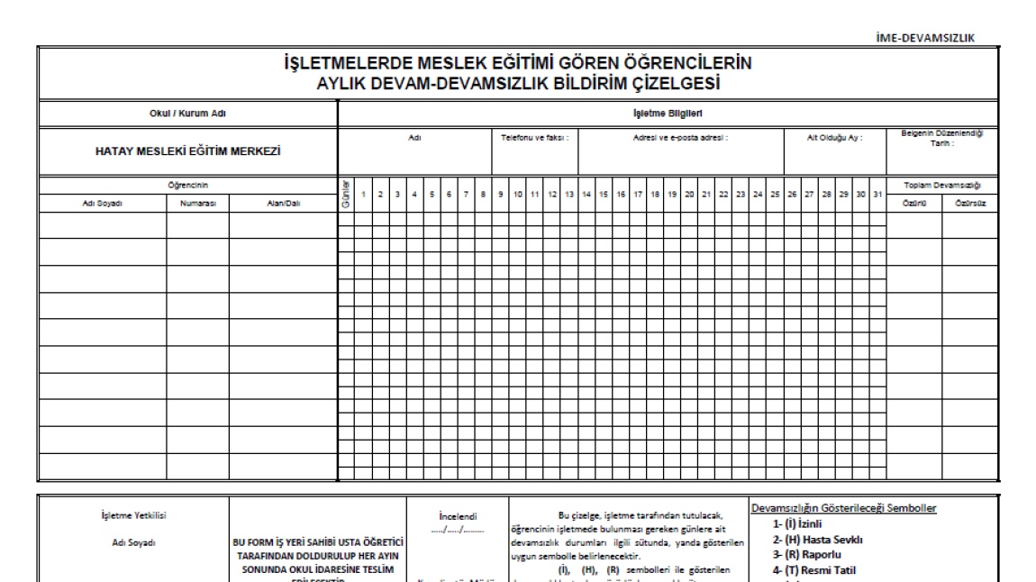 Aylık Devamsızlık Çizelgesi